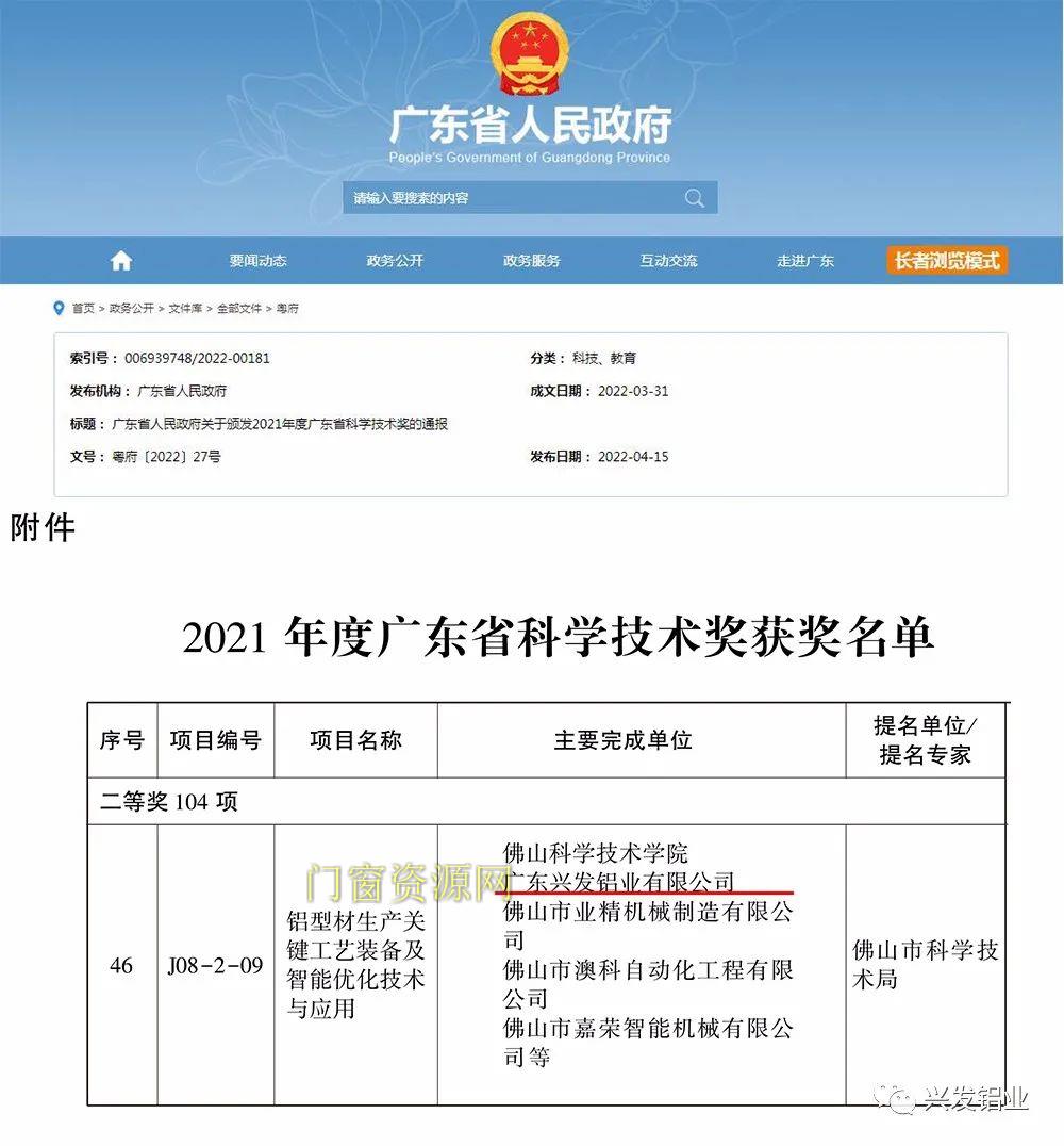 2021年度广东省科学技术奖颁发，兴发铝业荣获科技进步二等奖